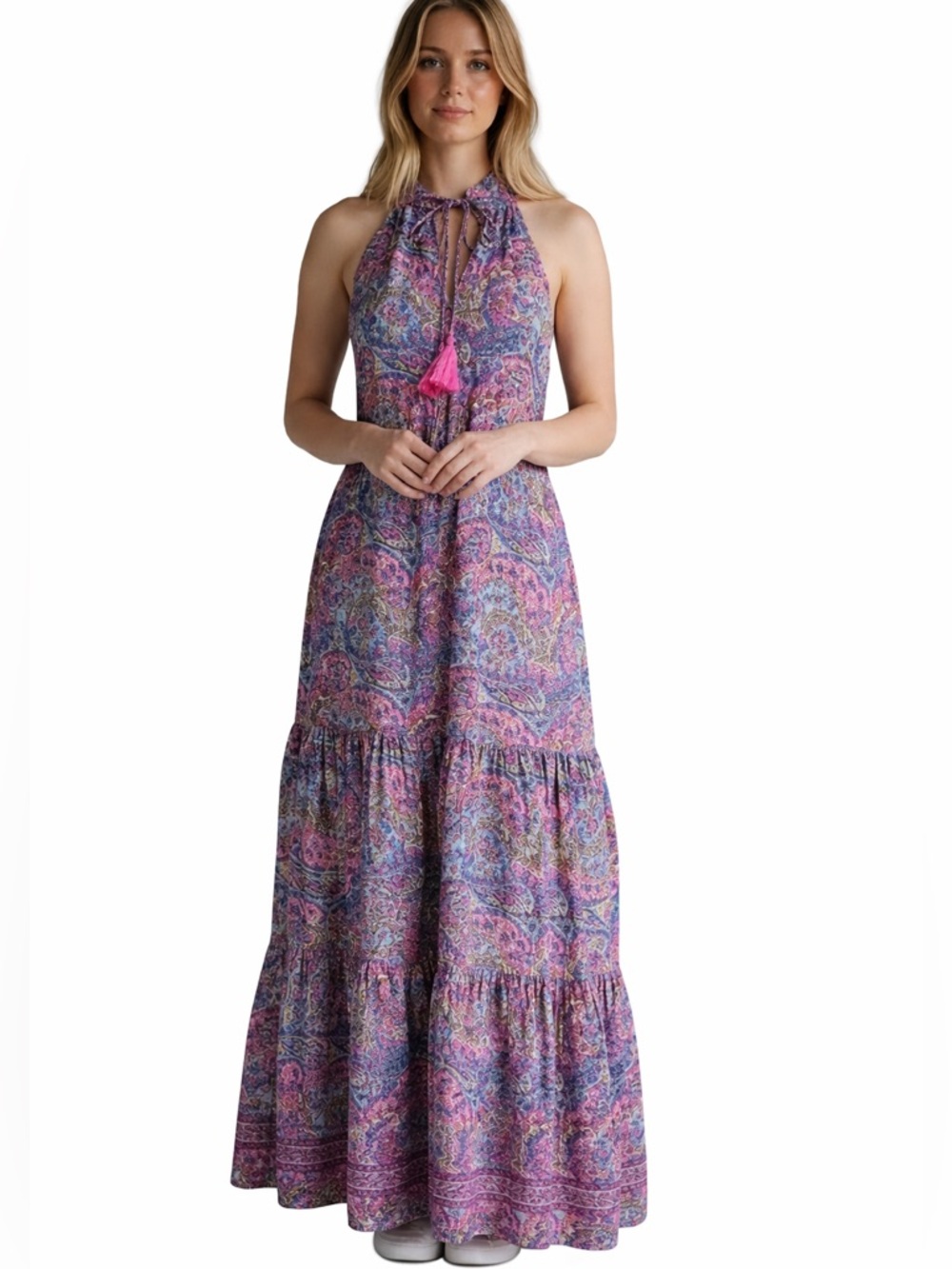 F876. NWT Anthropologie  boemo Paisley Halter Maxi Dress Blue Pink Tassel